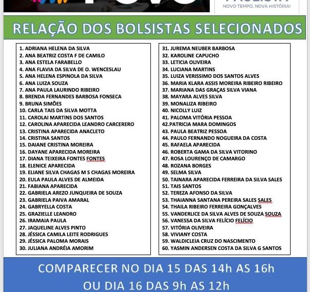 CONVOCAÇÃO DAS 60 PESSOAS SELECIONADAS PELO PROGRAMA BOLSA DO POVO