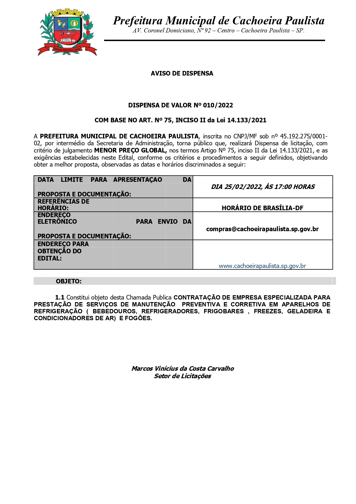 Aviso Dispensa LicitaÇÃo 102022 Prefeitura Municipal De Cachoeira